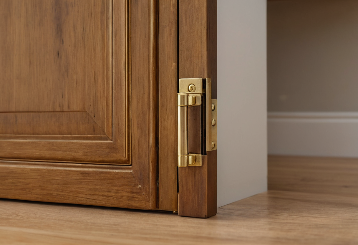 Edge of an open dark wooden cupboard door showing panel thickness and one gold-coloured hinge.