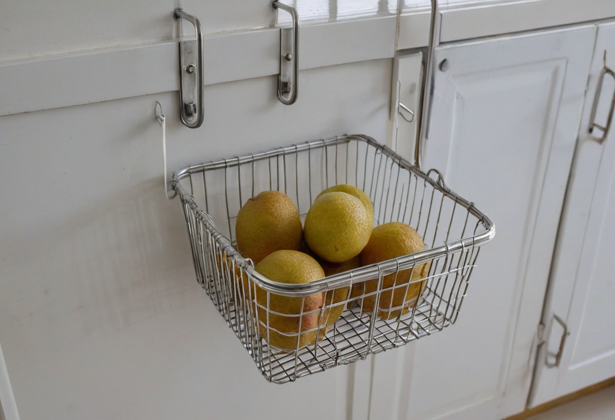 Silver wire basket holding several yellow citrus fruits on a white surface, with separate metal hooks above.
