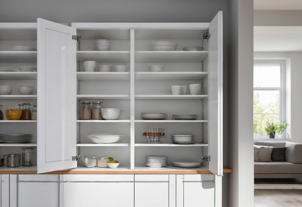 Open white tall kitchen cupboards with visible hinges and shelves holding white plates, bowls and jars.