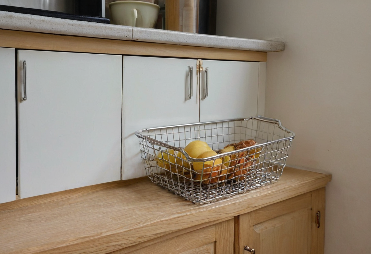 Silver wire basket containing yellow fruit and bread on a wooden counter in front of closed white cupboard doors.