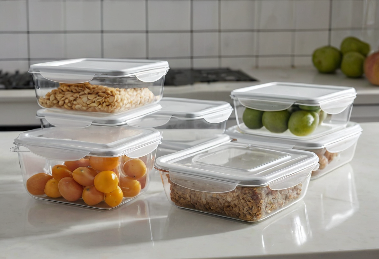 Clear rectangular lidded containers of varied sizes holding food on a white kitchen counter.