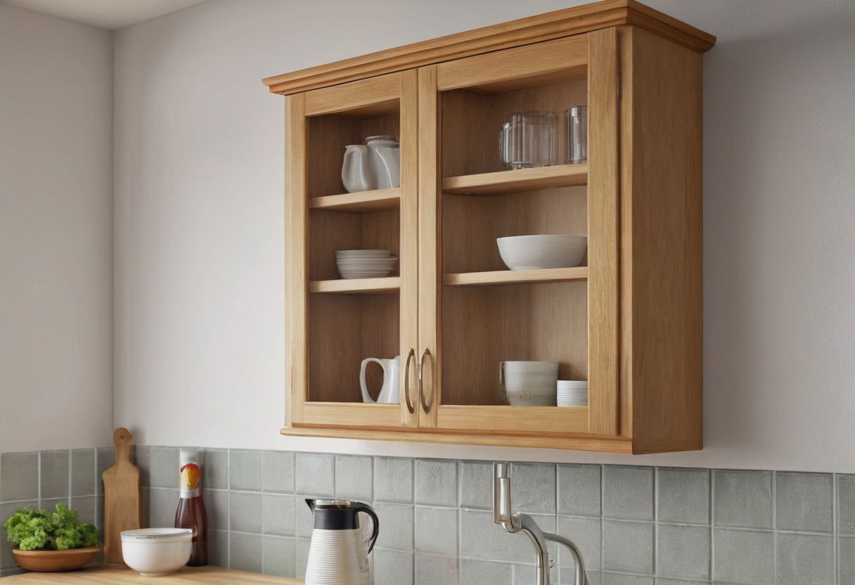 Open light wood wall cupboard with glazed doors displaying white dishes and glassware on shelves.