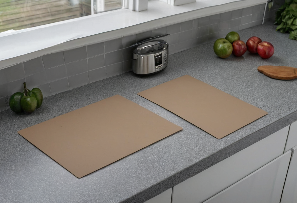 Two blank brown rectangular cardboard cut-outs of different sizes on a grey kitchen countertop.