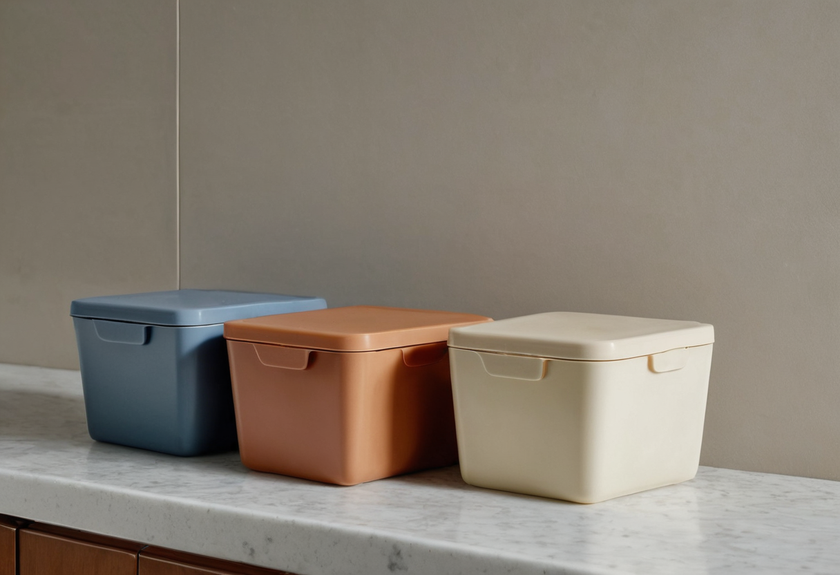 Three opaque square lidded containers in blue, terracotta and cream on a light counter.