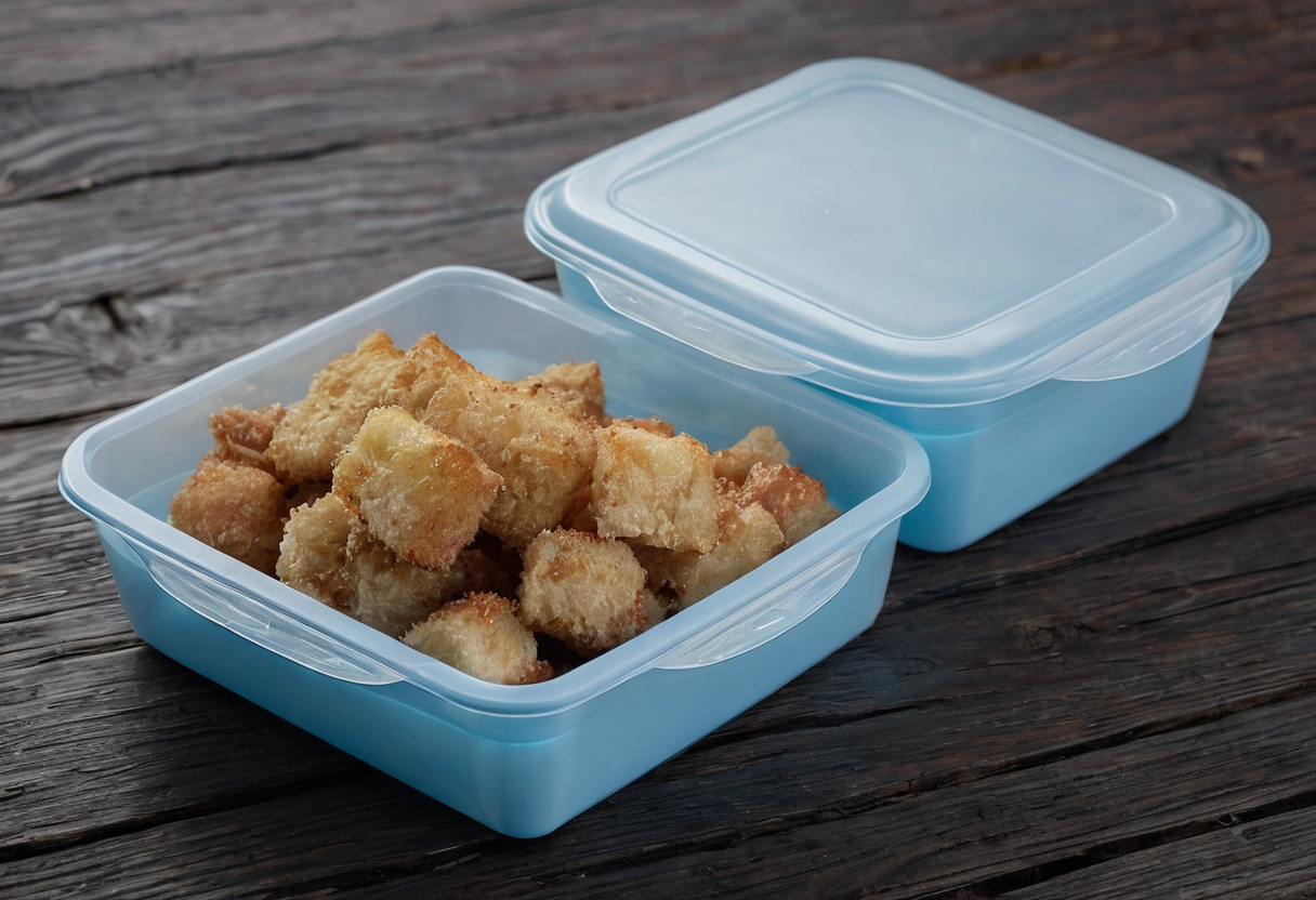 Two blue plastic containers on a dark wooden table, one open holding beige pieces and one closed.