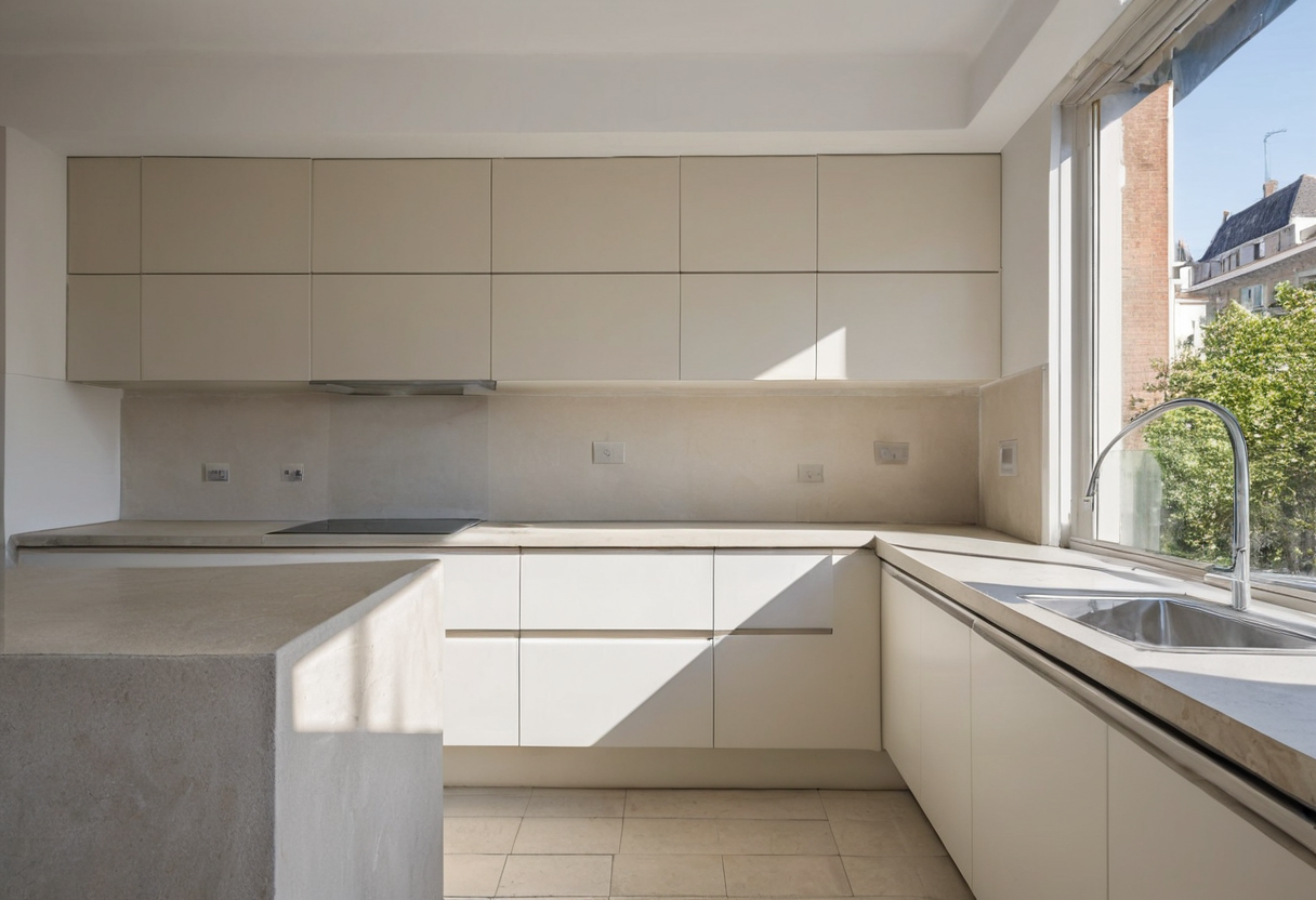 Pale kitchen worktop with a sink beneath a large window.