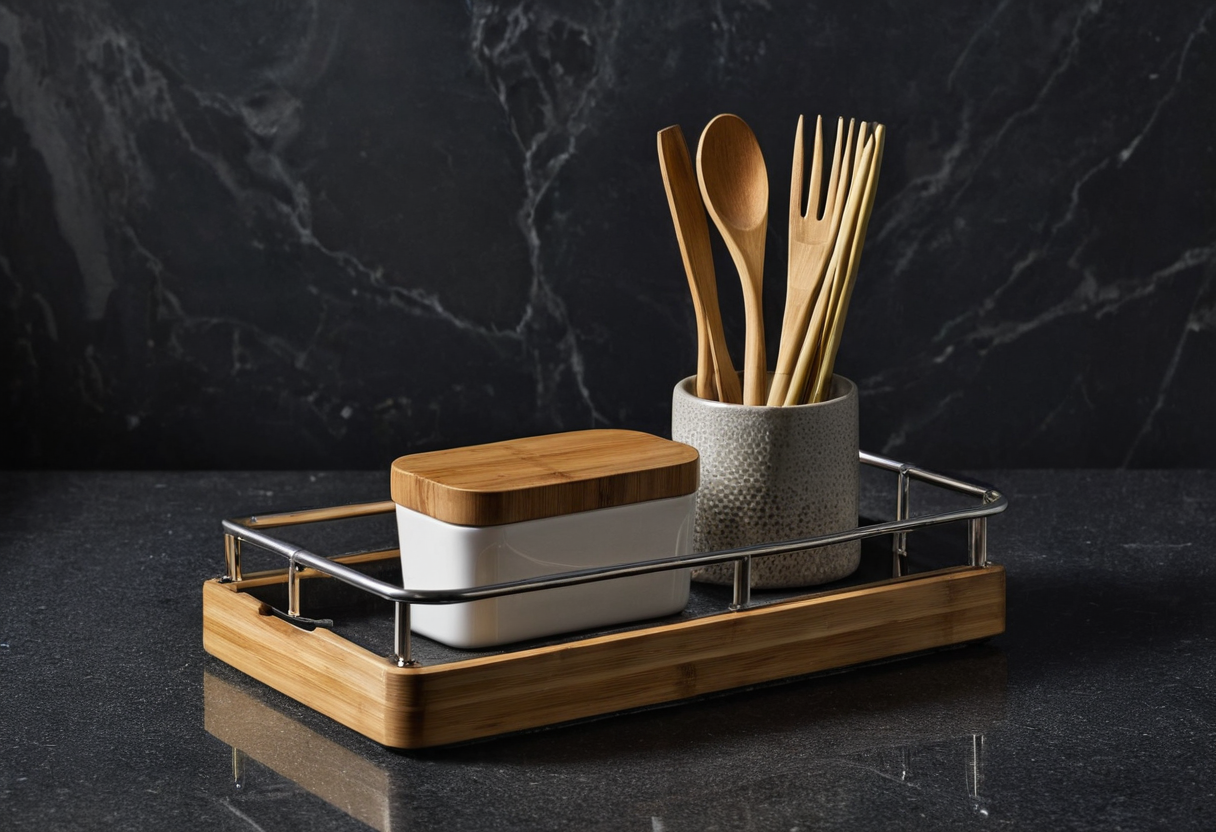 Bamboo-and-metal tray holding one lidded white container and one ceramic utensil holder with wooden utensils on dark stone.