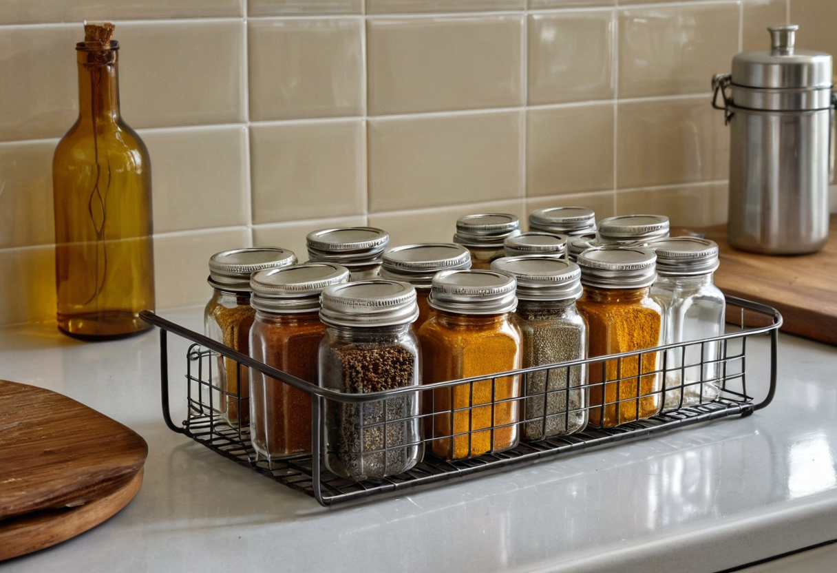 Low black wire basket filled with numerous plain glass spice jars on a pale tiled worktop.