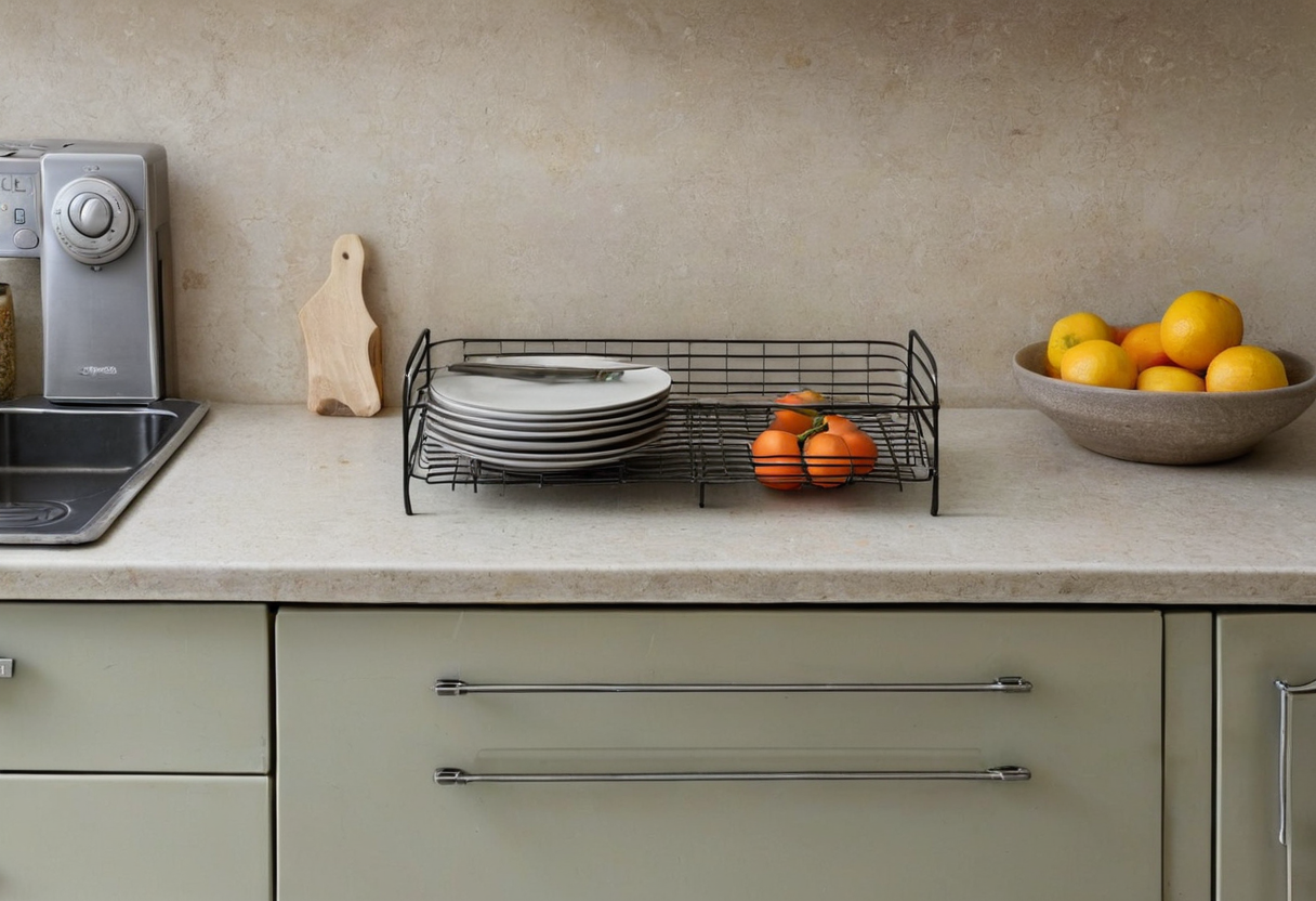 Black wire rack holding stacked white plates and three tomatoes on a pale worktop beside a fruit bowl.
