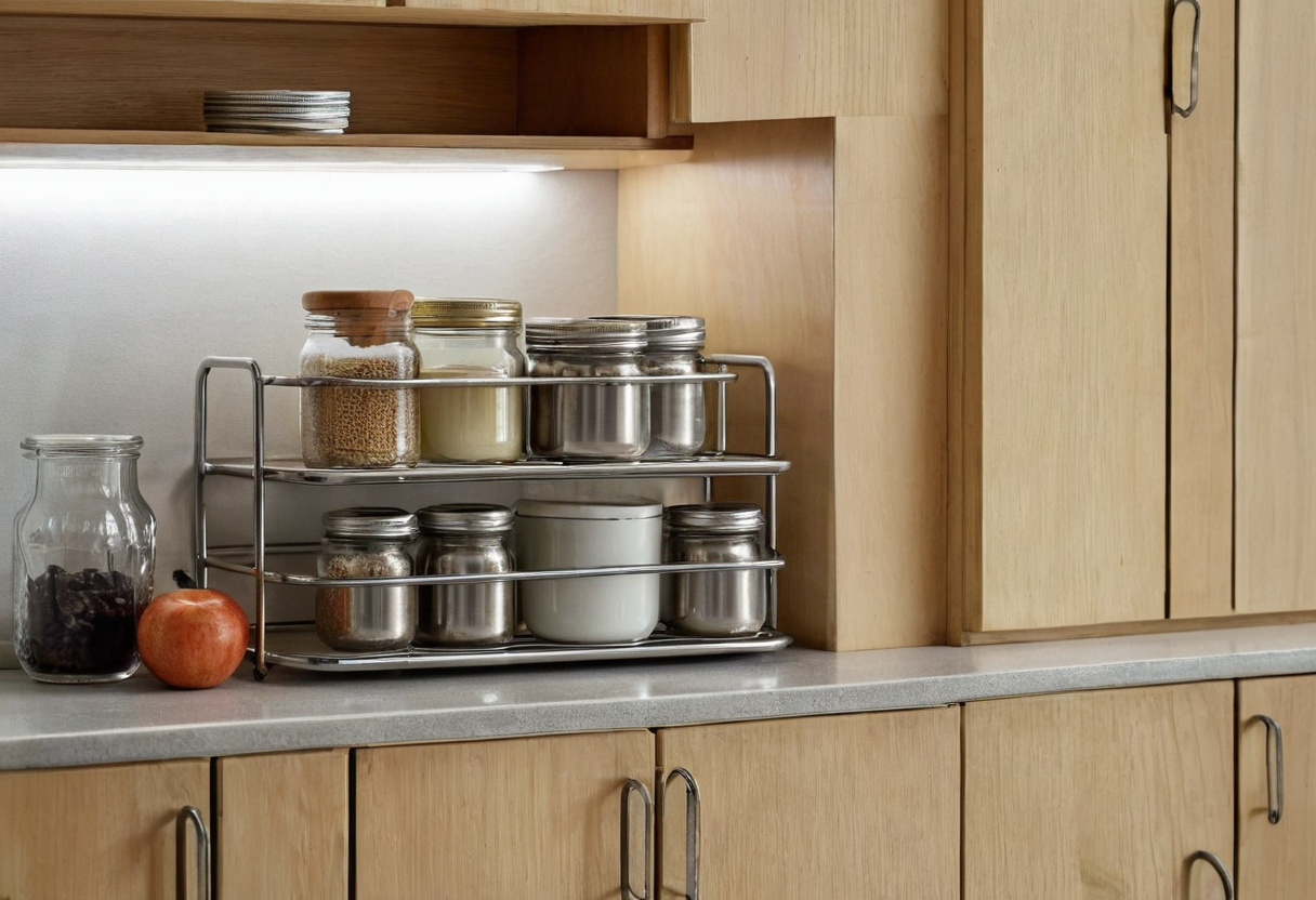 Two-level silver metal rack holding jars and one white container on the left of a worktop, with clear space extending to the right, beneath upper wooden cabinetry.