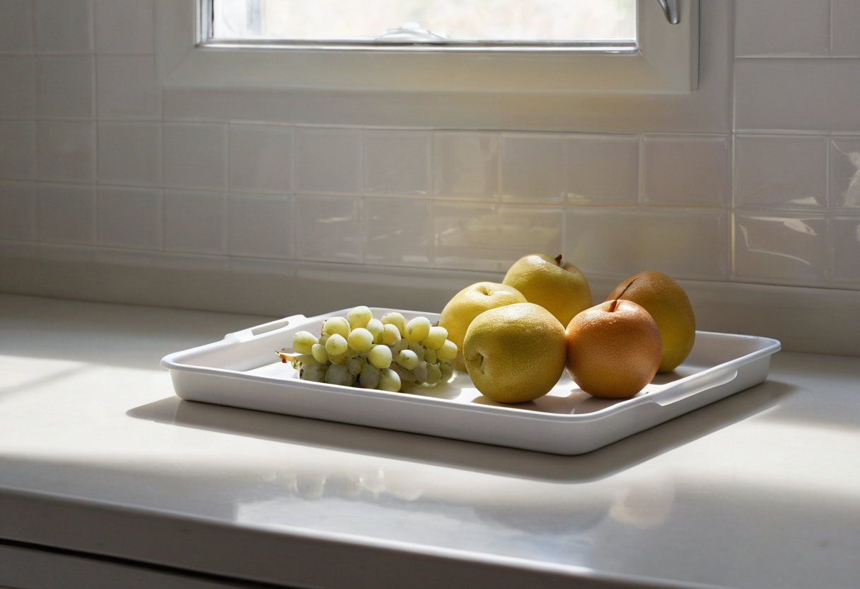 White tray holding green grapes and yellow and orange fruits on a pale counter.