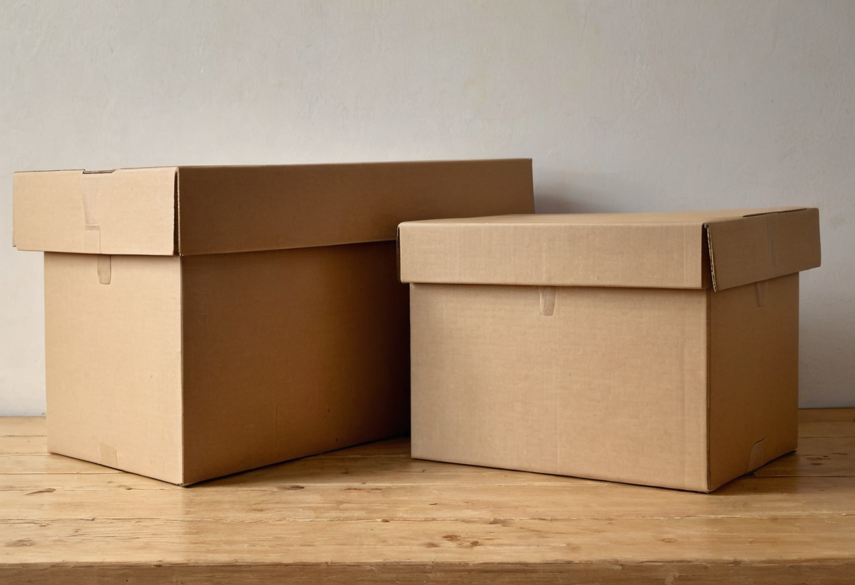 Two beige cardboard boxes with lids on a wooden table.