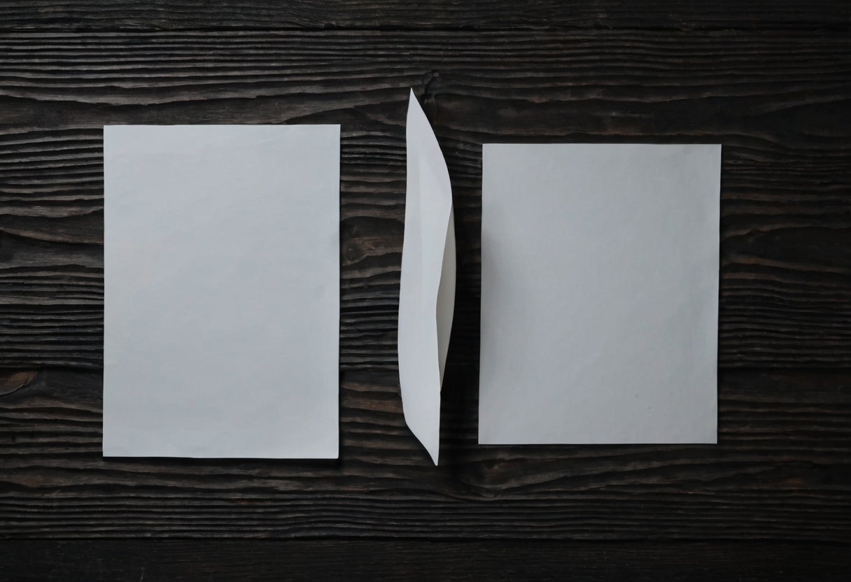Three blank white paper pieces on dark wood.