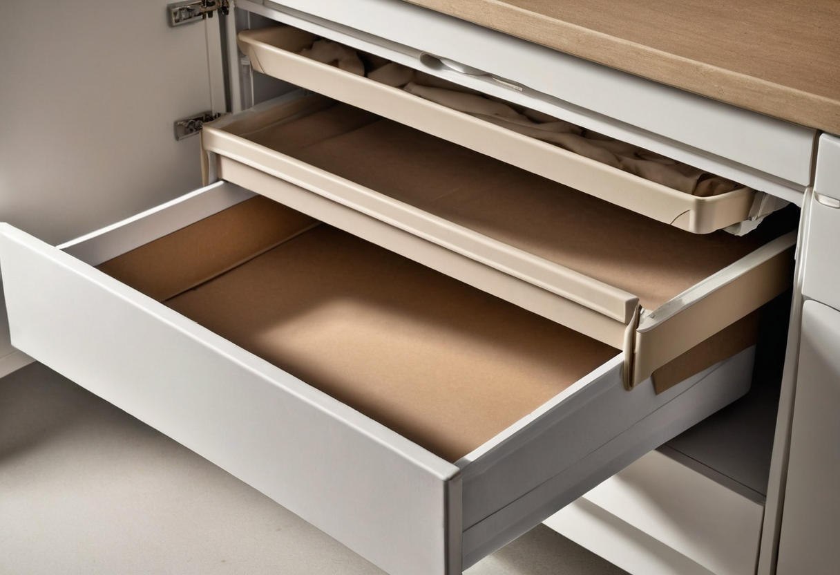 Open white pull-out kitchen drawer with brown interior beneath an upper tray.