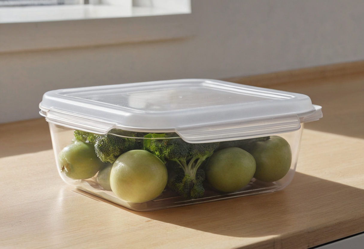 Clear lidded plastic container holding green apples and broccoli on a wooden counter.
