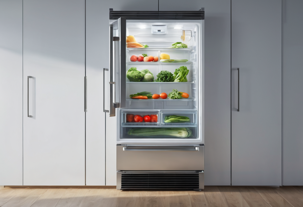 Open upright refrigerator with glass shelves holding fresh produce and lower clear drawers.