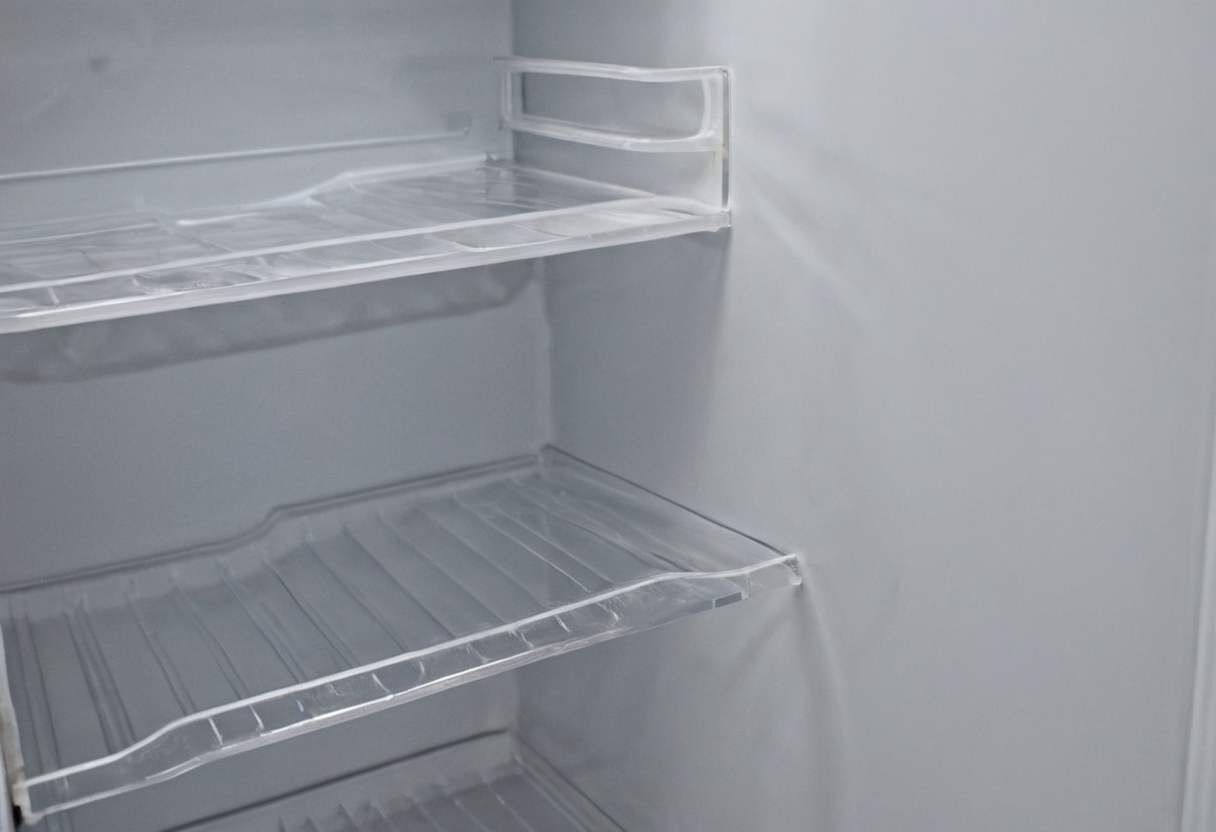 Interior of a white refrigerator compartment showing two transparent shelves.