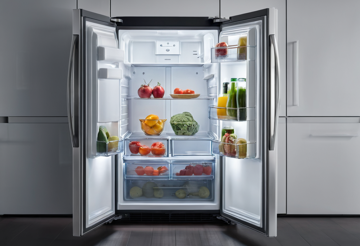 Wide open double-door refrigerator containing fruit and vegetables on glass shelves and in lower drawers.