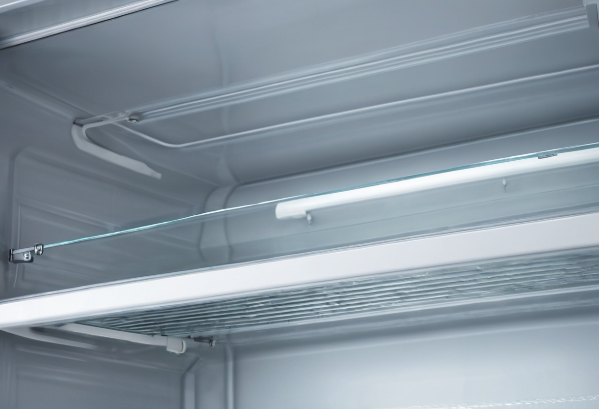 Low-angle close-up of a transparent glass shelf supported inside a white refrigerator compartment.