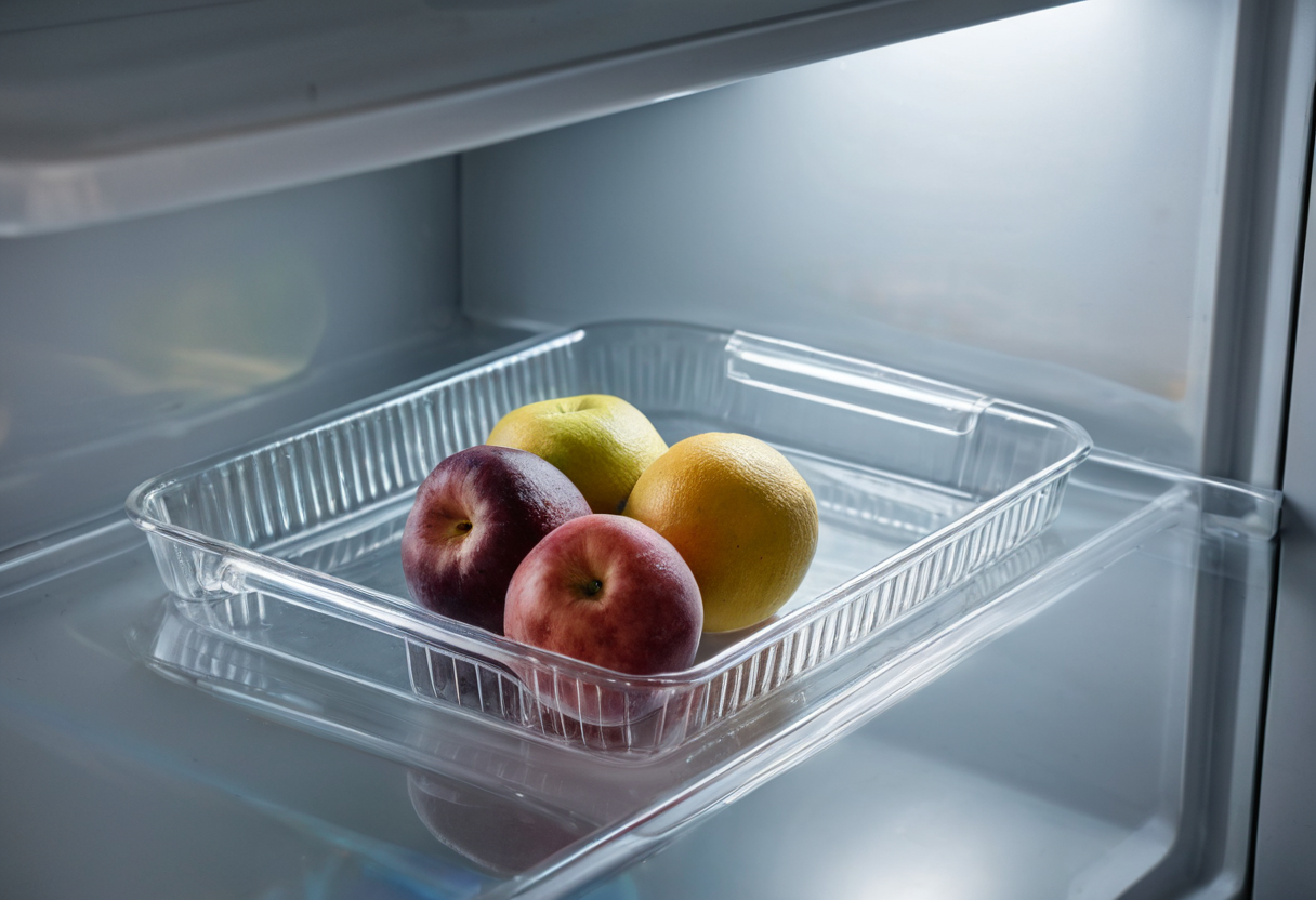 Transparent rectangular tray holding four pieces of fruit on a glass shelf inside a refrigerator.