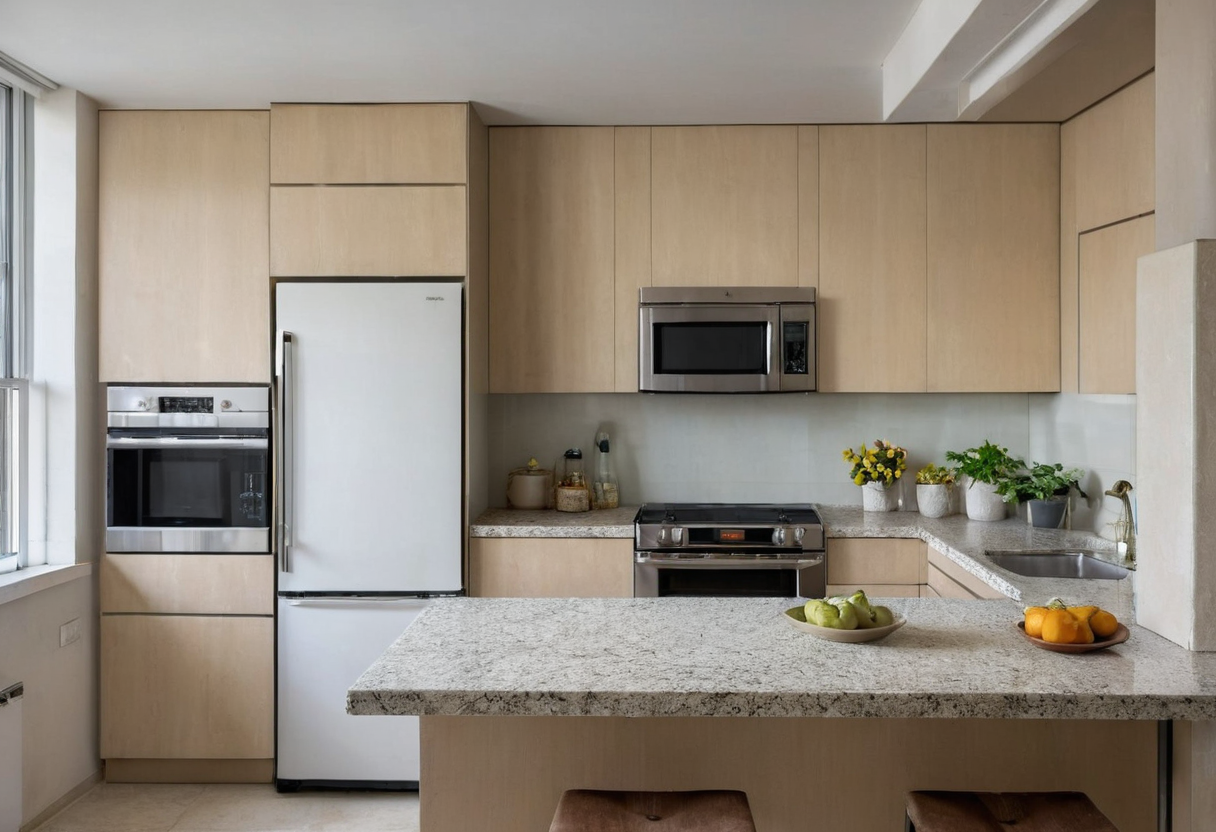 Pale stone island counter with two fruit bowls, a closed white refrigerator behind it, and a wall counter.