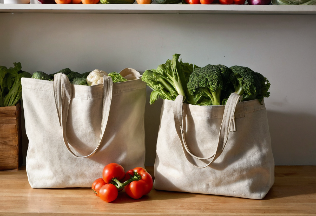 Two cream canvas tote bags filled with leafy greens and broccoli on a wooden worktop, with several loose tomatoes in front.