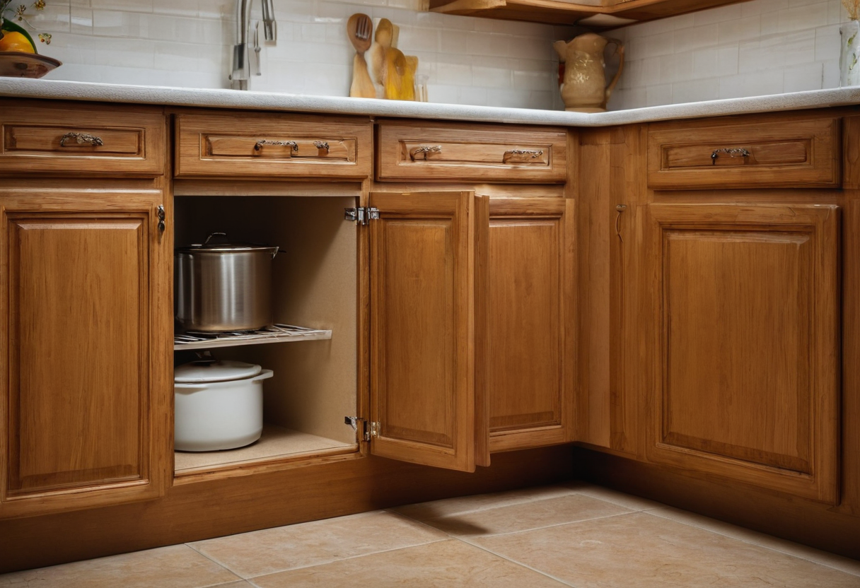 Open lower wooden cupboard door beside a corner counter, revealing metal and white cookware inside.