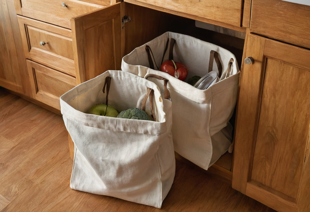 Two open cream canvas bags filled with vegetables on a wooden floor beside an open lower kitchen cupboard.