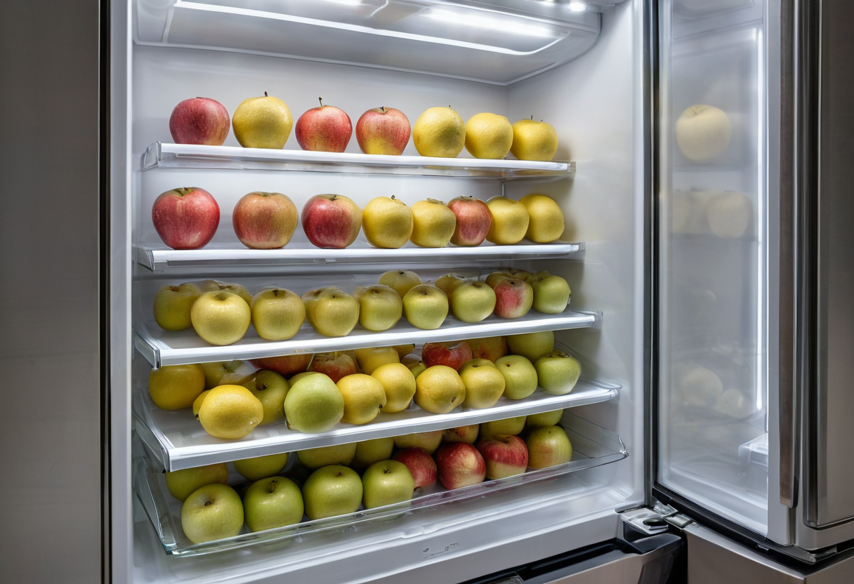 Open white refrigerator with glass shelves closely filled with rows of red, yellow and green apples; no containers visible.