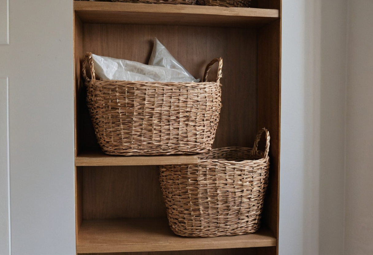 Two woven wicker baskets on wooden shelves; upper basket holds white liner material.