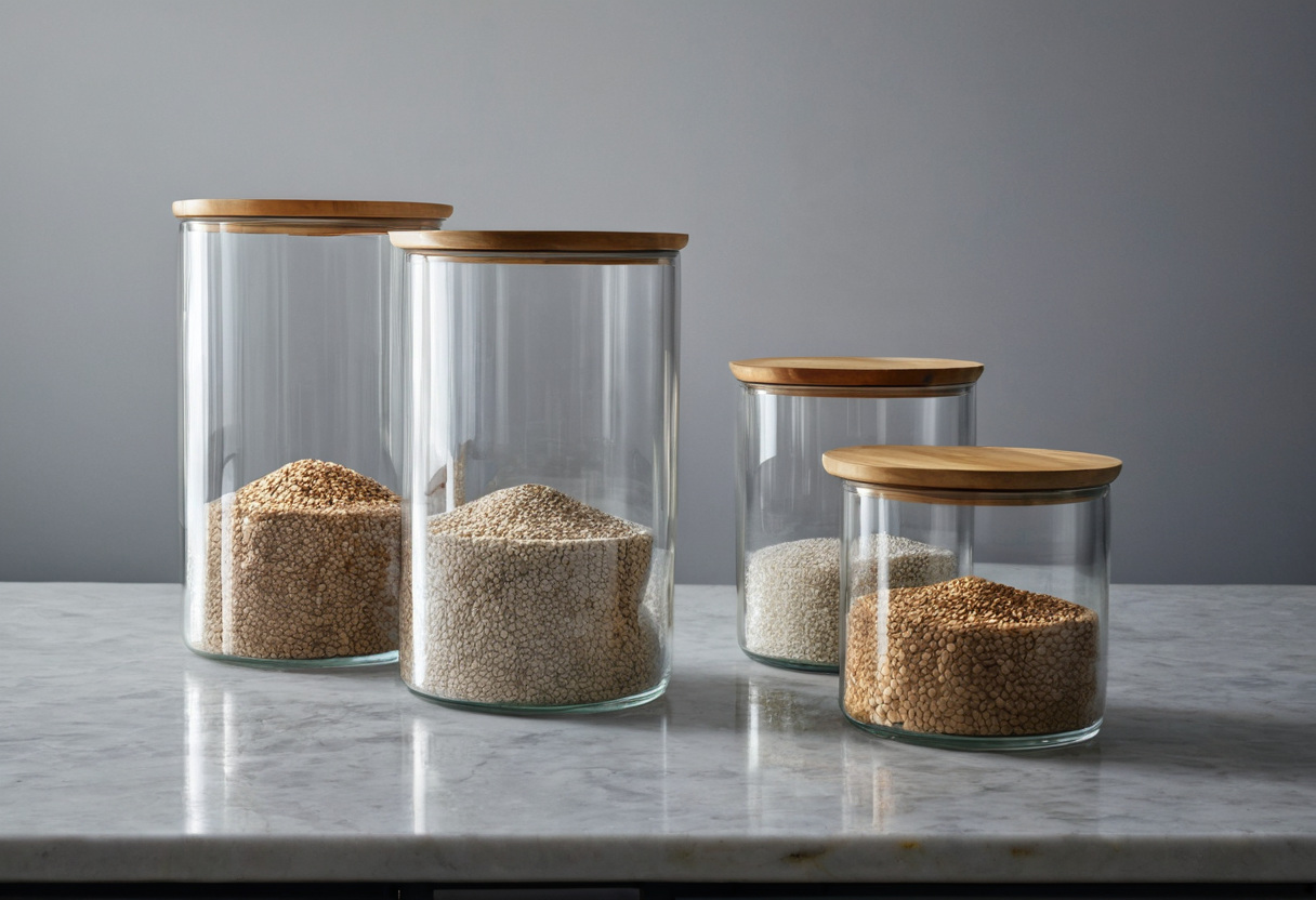 Four clear glass canisters with wooden lids holding pale grains on a stone counter.