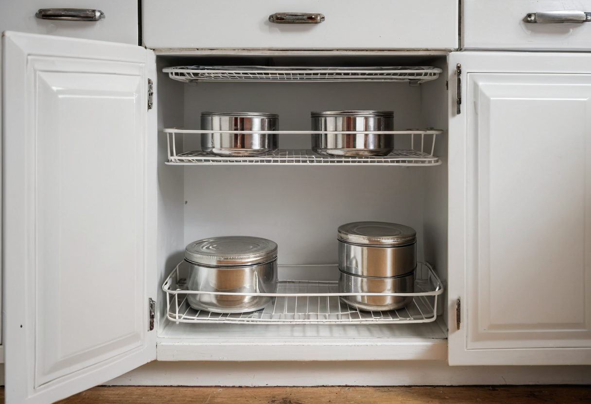 White cupboard with two wire shelf risers holding four silver-lidded tins.