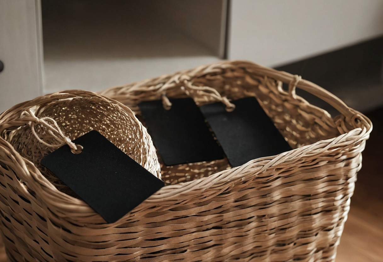 Woven basket containing several blank black rectangular tags tied with twine.