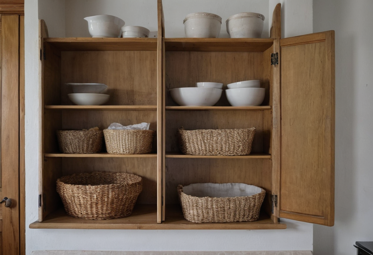 Open wooden pantry cabinet with shelves holding white bowls and woven baskets lined with cloth.
