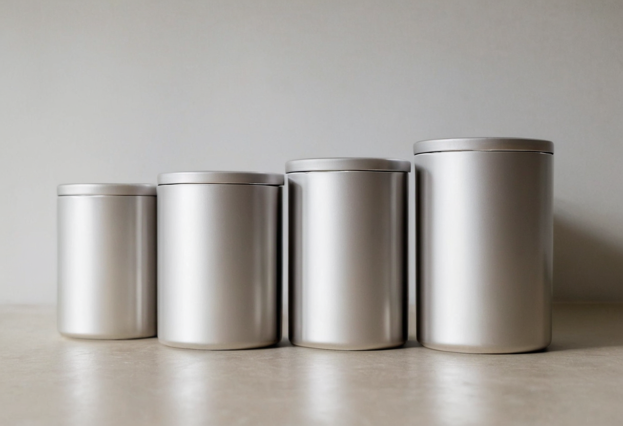 Four silver lidded canisters of increasing height arranged on a pale surface.