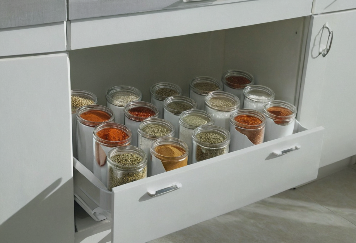 Open glass jars inside a partly open white drawer without dividers.