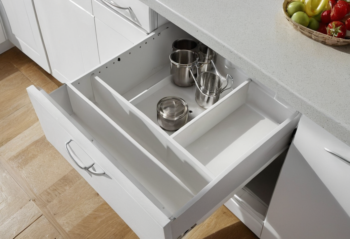 Partly filled divided white drawer containing metal cups and small vessels in rear compartments.