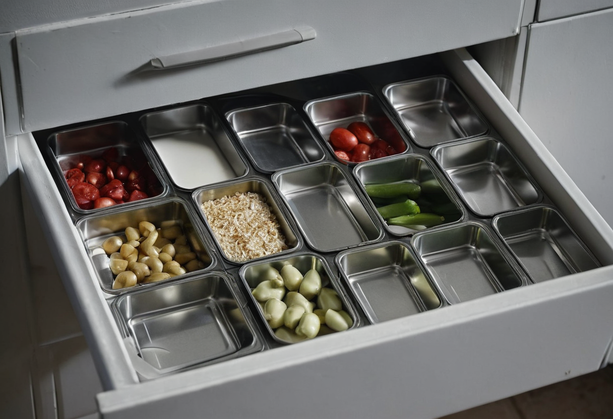 Rectangular steel trays arranged inside an open white drawer.