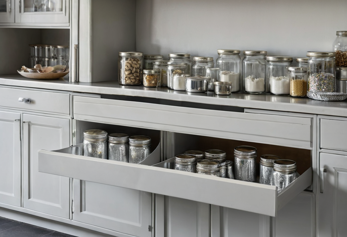 Clear lidded glass jars arranged in sections within an open white drawer.