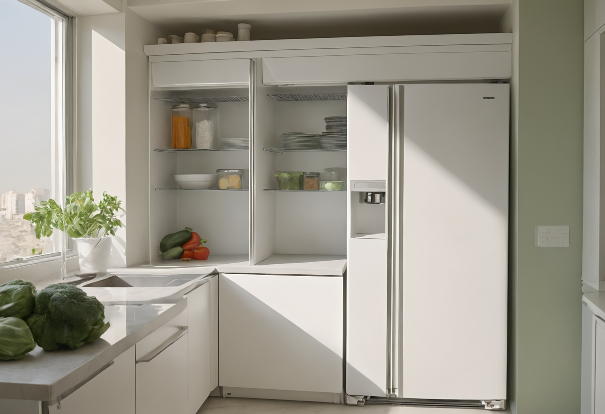 White Dubai kitchen in morning light with an open pantry cupboard of containers beside the refrigerator