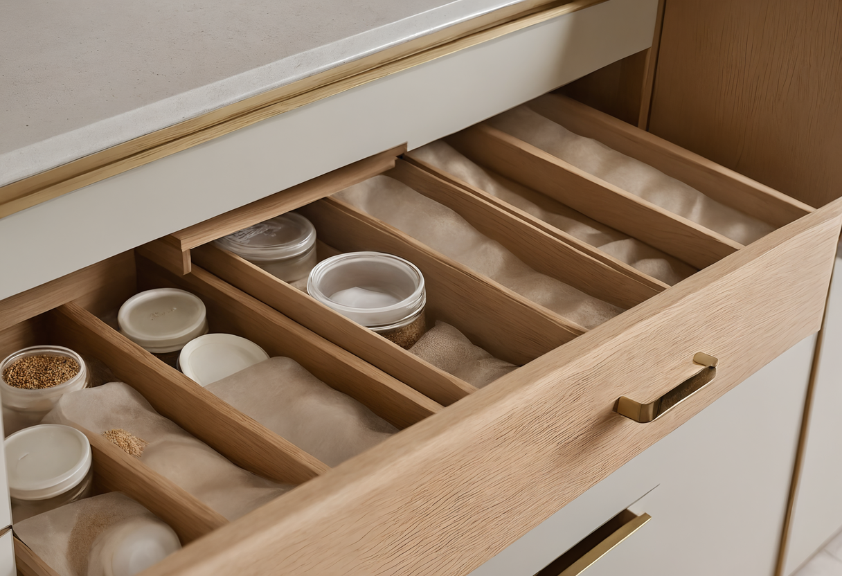 Open kitchen drawer with oak dividers holding lidded containers and jars of grains