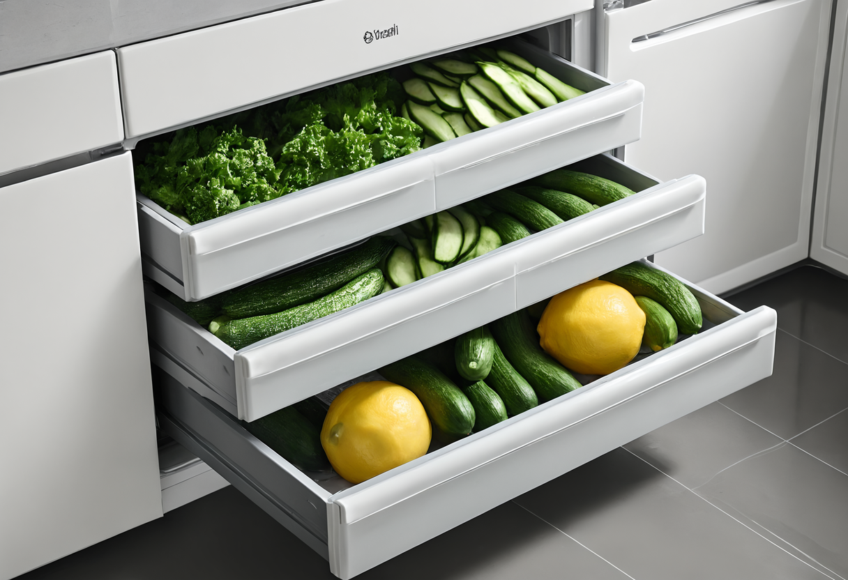 Two refrigerator crisper drawers pulled out, holding lettuce, cucumbers and lemons