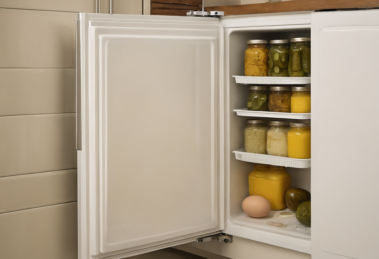 Open refrigerator door with glass jars of pickles and preserves on the door shelves