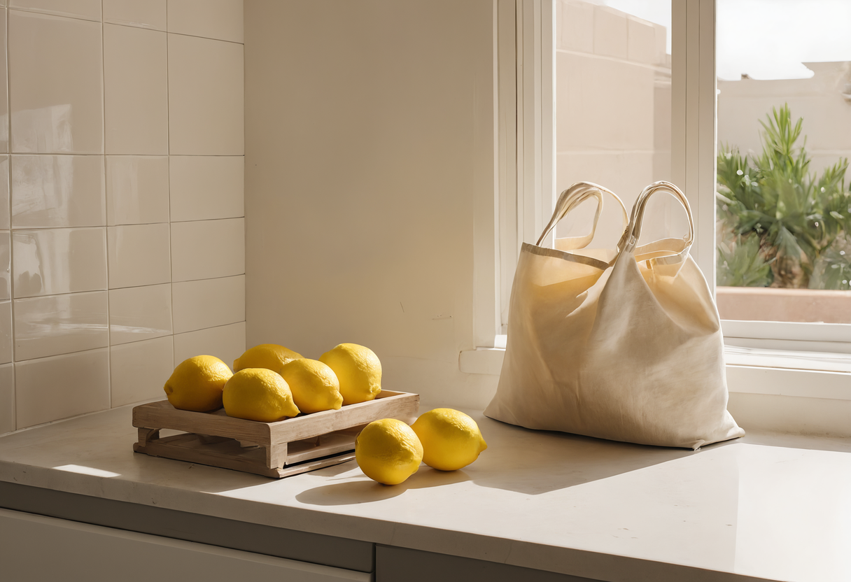 Lemons in a small wooden crate and a canvas tote bag on a pale quartz counter by a window