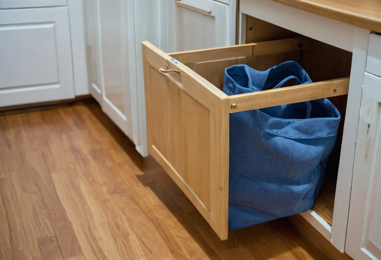 One upright blue fabric tote bag standing inside an open light wooden drawer.