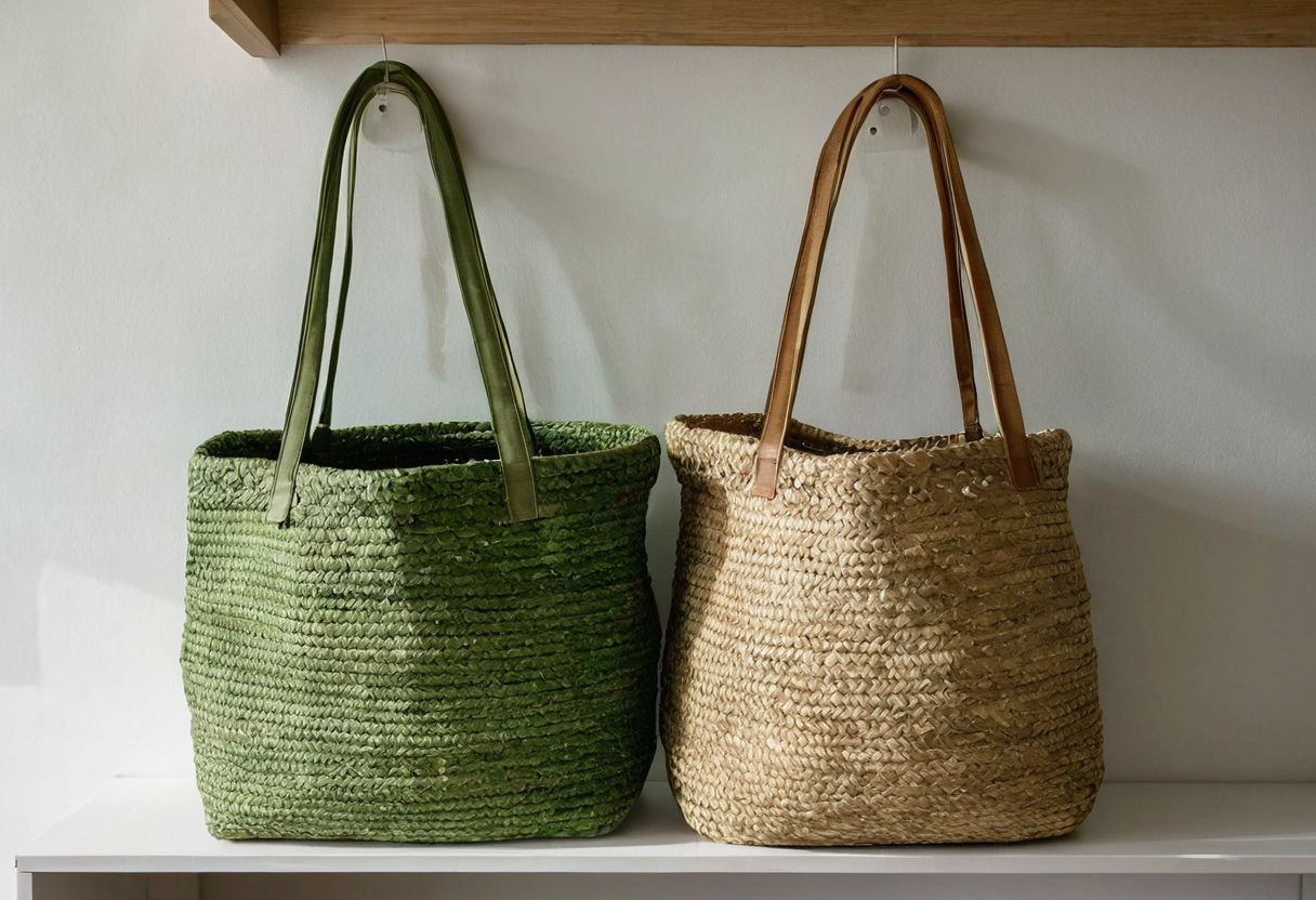 Two large woven tote bags, one green and one natural beige, resting on a white entryway shelf.