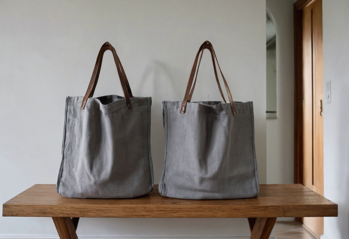 Two upright grey fabric tote bags with brown handles standing on a wooden console table.