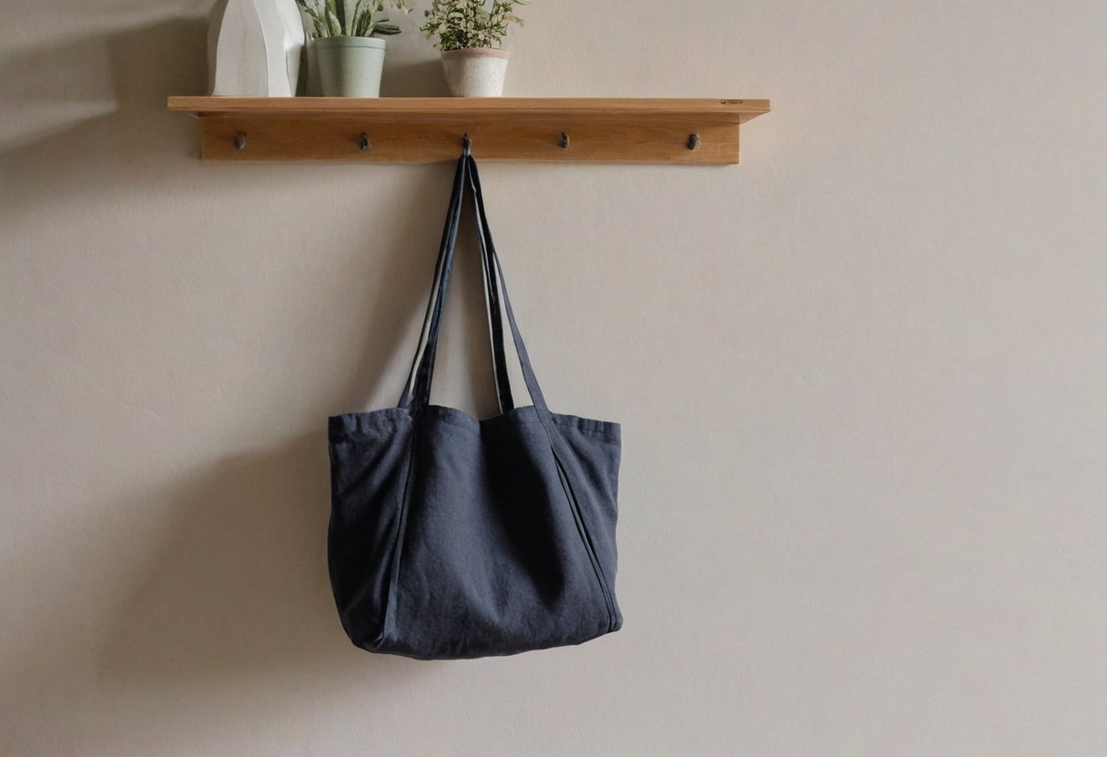 One dark fabric tote bag hanging by its handles from a hook beneath a wooden wall shelf holding two small plants.