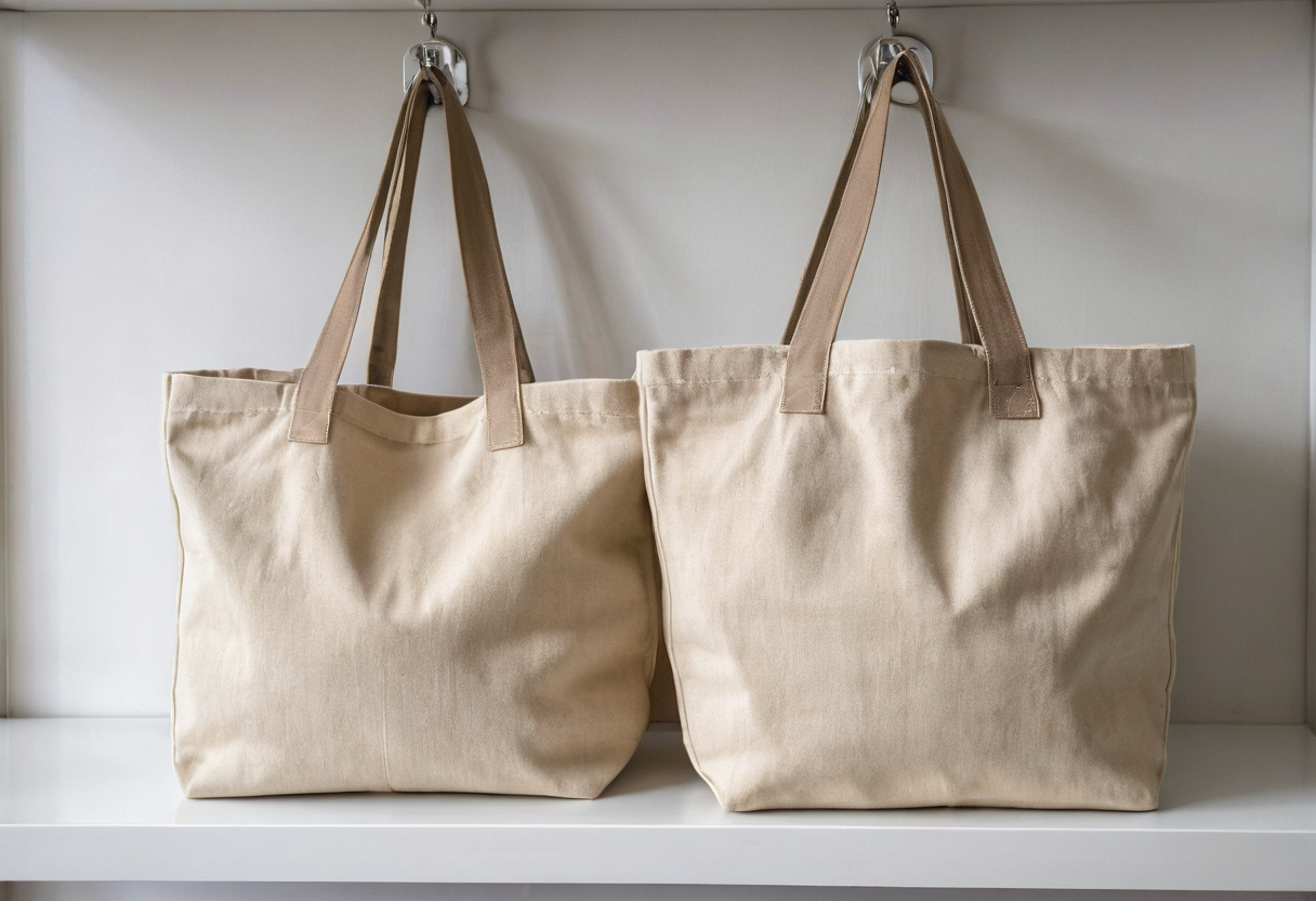 Two upright beige canvas tote bags hanging by their handles from hooks inside a white shelf niche.