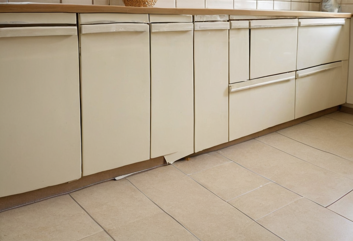 Empty beige tiled floor in front of white base cabinets with no markings.
